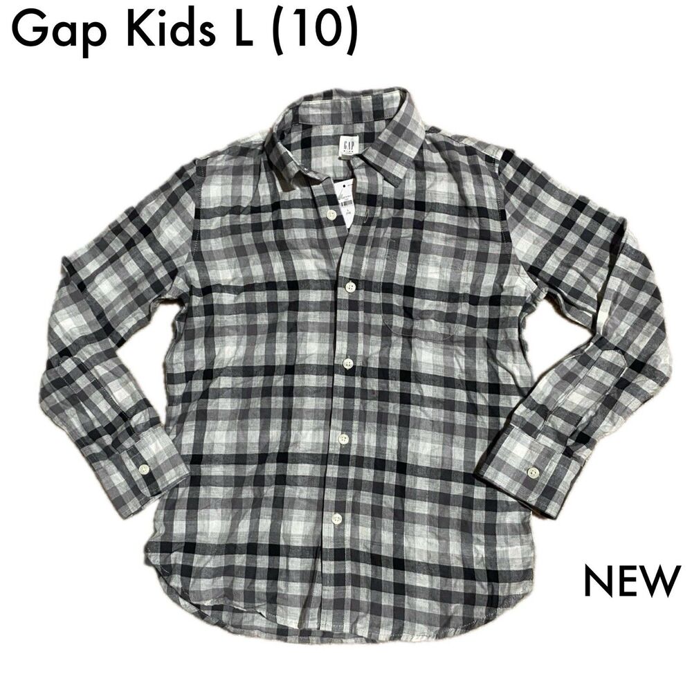 GAP Kids Size L (10) NWT Gray Black White Plaid Button Down Flannel Shirt Boys